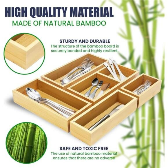 Bamboo drawer organizer set of 5 wooden storage trays kitchen desk vanity makeup - Picture 3 of 8